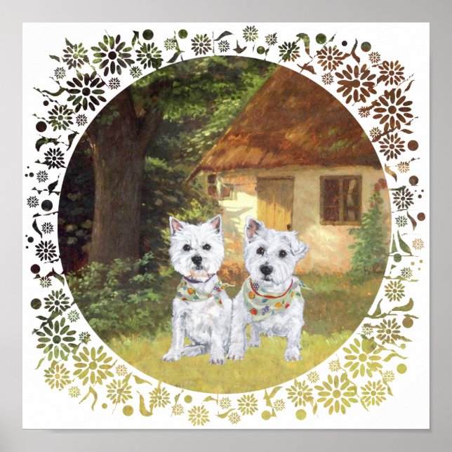 Westies in a Cozy Cottage Yard Poster (Front)