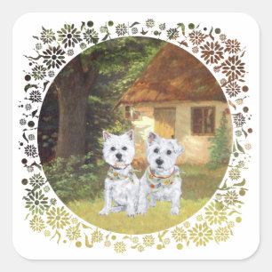 Westies in a Cozy Cottage Yard Square Sticker