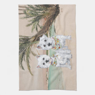 Westies on a Palmy Beach Kitchen Towel