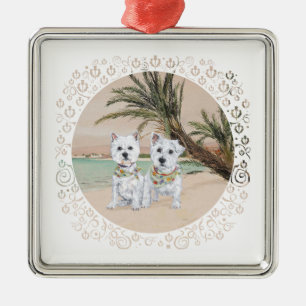 Westies on a Palmy Beach Metal Ornament