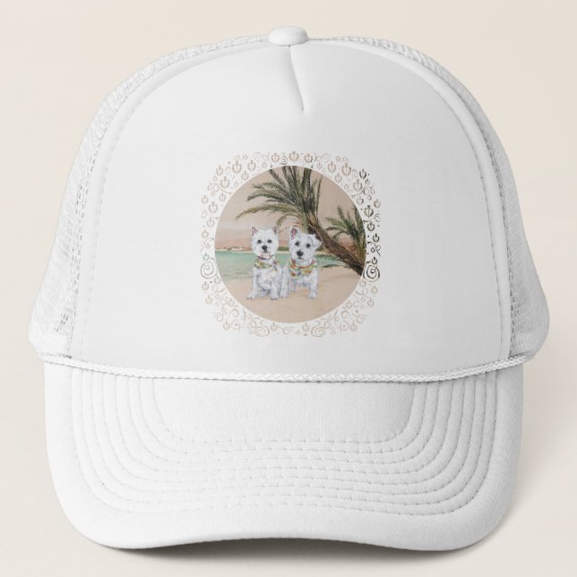 Westies on a Palmy Beach Trucker Hat (Front)