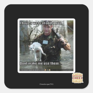Wet cat and gun square sticker