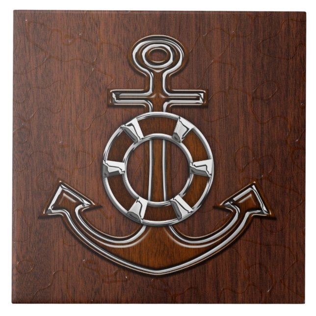 Wet Nautical Mahogany Anchor Steel Decor Tile (Front)