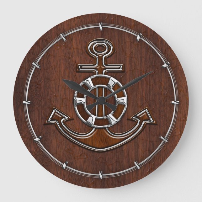 Wet Nautical Mahogany Anchor Steel Large Clock (Front)