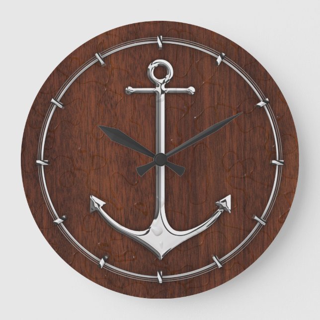 Wet Nautical Mahogany Anchor Steel Large Clock (Front)