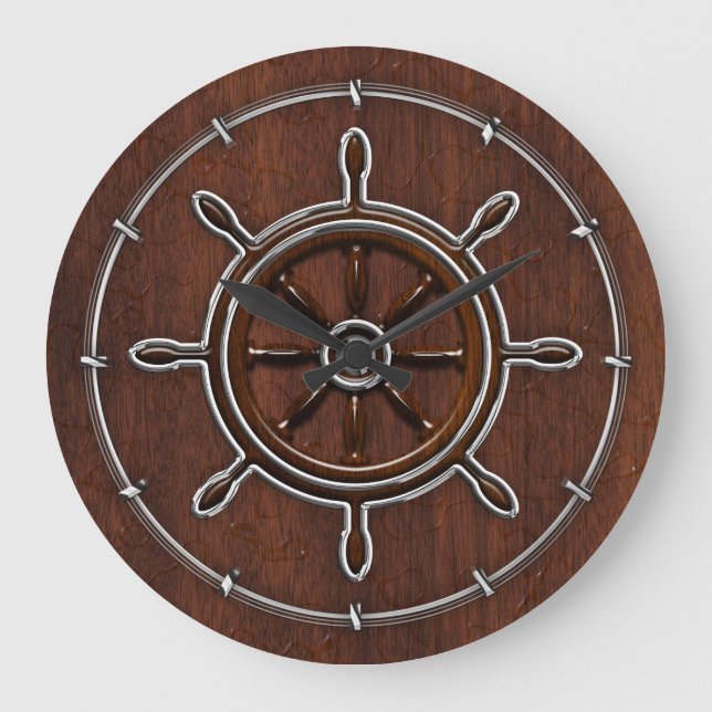 Wet Nautical Mahogany Nautical Wheel Large Clock (Front)