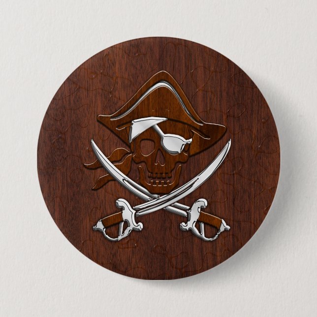Wet Nautical Mahogany Pirate Skull Steel 3 Inch Round Button (Front)