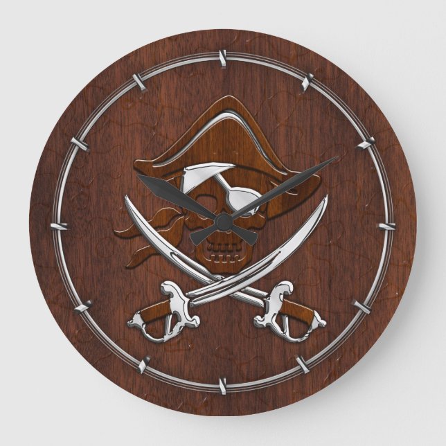 Wet Nautical Mahogany Pirate Skull Steel Large Clock (Front)