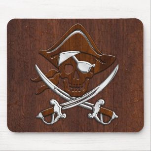 Wet Nautical Mahogany Pirate Skull Steel Mouse Pad
