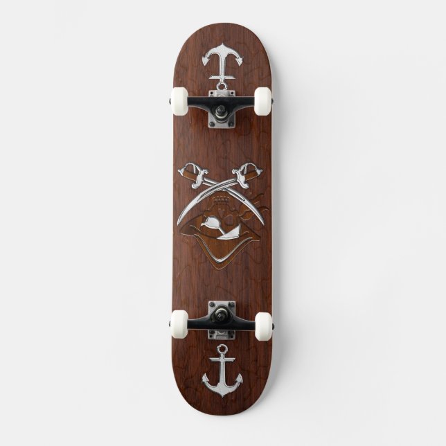 Wet Nautical Mahogany Pirate Skull Steel Skateboard (Front)