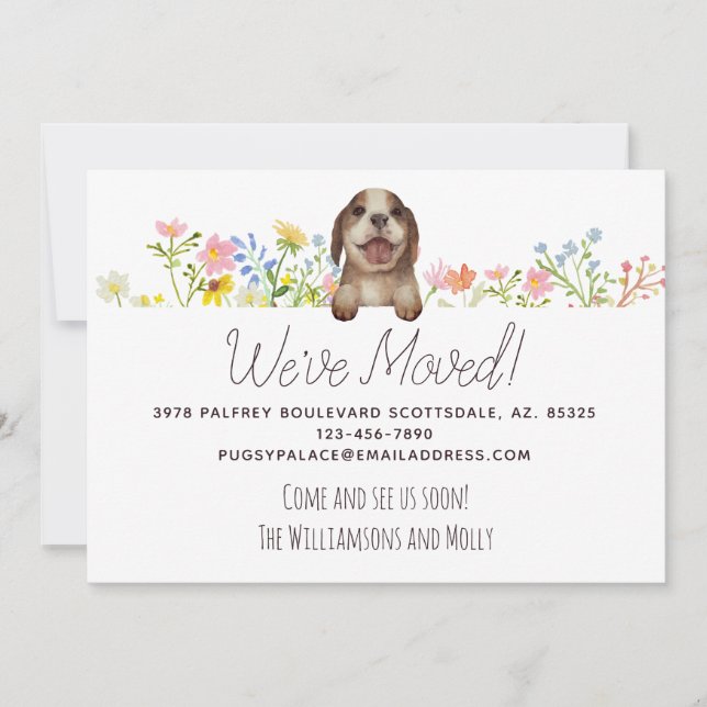 We've Moved! Beagle Puppy Floral Moving Announcement (Front)