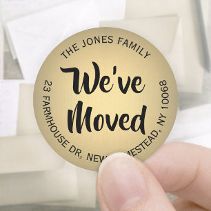 We've Moved Black & Gold Faux Foil Return Address Classic Round Sticker