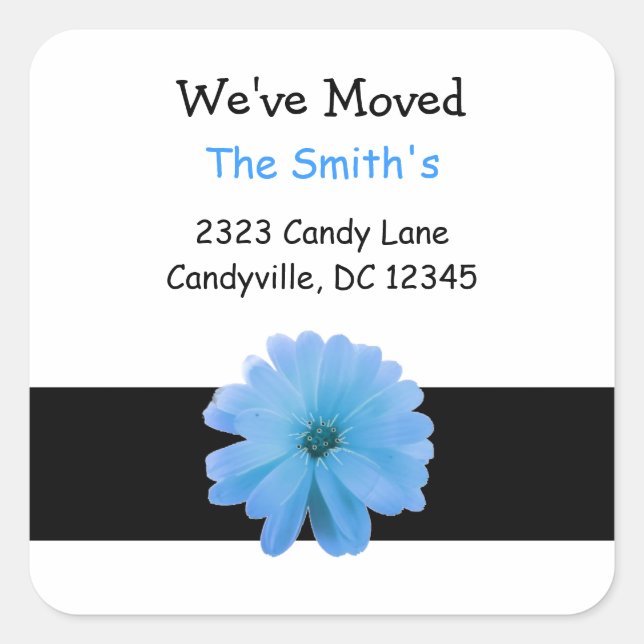 We've Moved Black Ribbon Blue Flower Square Sticker (Front)