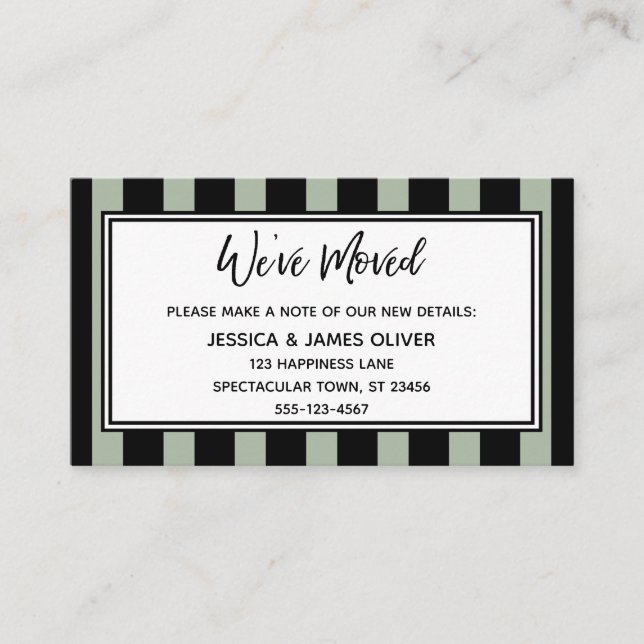 "We've Moved" Black & Sage Vertical Stripes Business Card (Front)