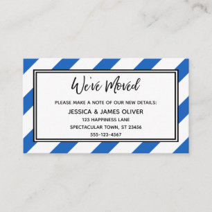"We've Moved" Blue and White Diagonal Stripes Business Card