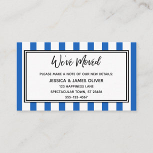 "We've Moved" Blue and White Vertical Stripes Business Card