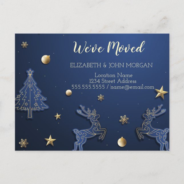 We've Moved, Blue Christmas tree,Reindeer Announcement Postcard (Front)