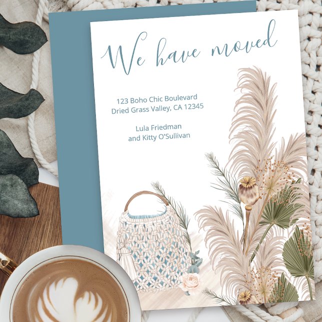 We've Moved Boho Chic Macrame Pampas Grass Moving Announcement (Boho moving announcement postcard with macrame bag, pampas and dried palm)