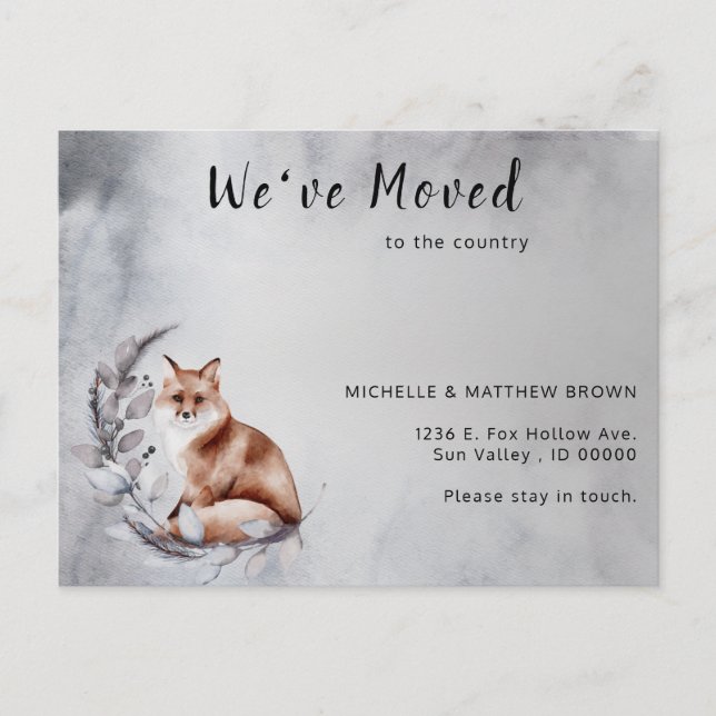 We've Moved Brown Fox Grey Wreath Winter Moving  Announcement Postcard (Front)