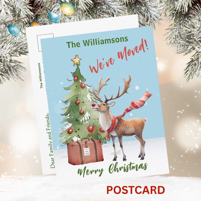 We've Moved Budget Reindeer Christmas Tree  Announcement Postcard (Creator Uploaded)