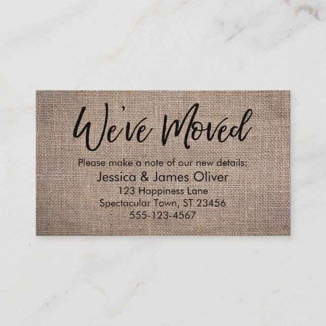 "We've Moved" Burlap Handwriting Typography Card (Front)