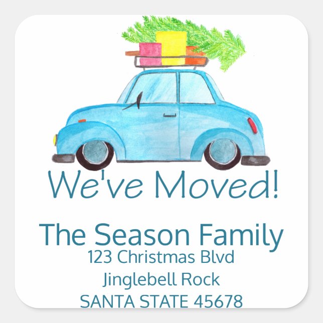 We've Moved Car and Christmas tree address Square Sticker (Front)