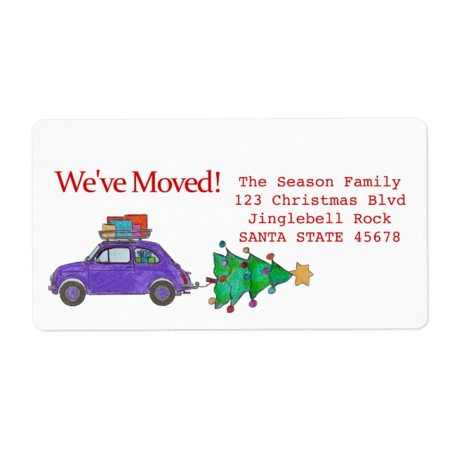 We've Moved Car, tree and gifts Christmas label (Front)
