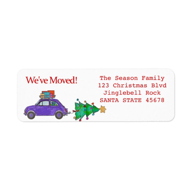 We've Moved Car, tree and gifts Christmas label (Front)