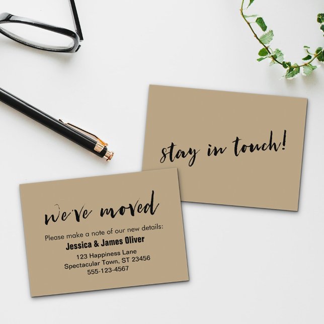 "We've Moved" Card on Warm Sand w/ Script Font (Creator Uploaded)
