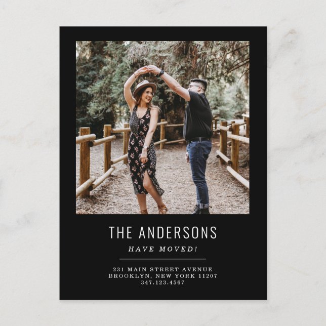 We've Moved Change of Address Black Photo Moving Announcement Postcard (Front)