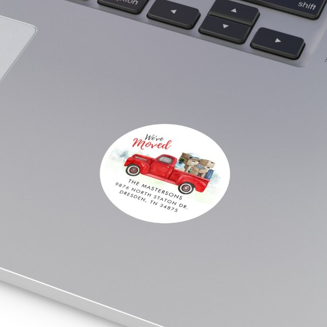 We've Moved Change of Address  Classic Round Sticker (We Moving Watercolor Red Truck Script Moving Announcement Sticker)