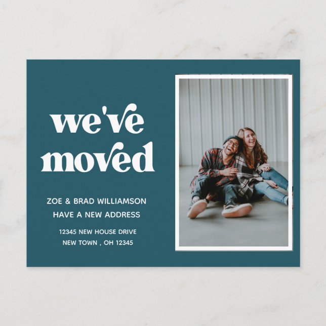 We've Moved Change of Address Photo Moving Blue Postcard (Front)