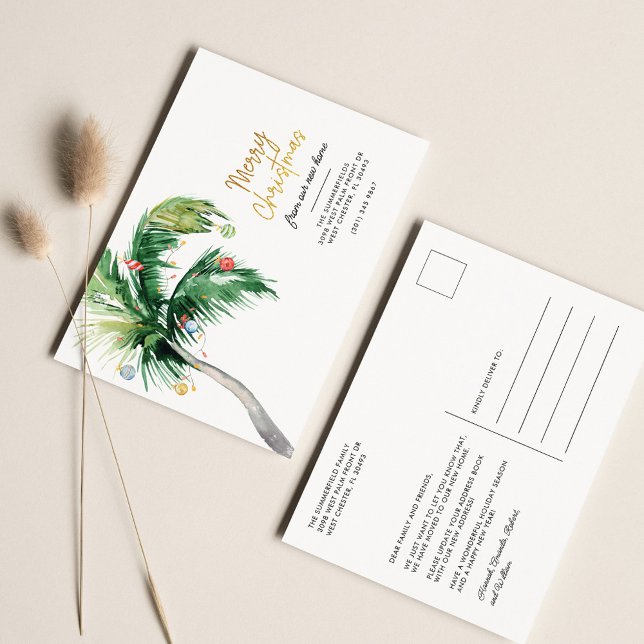 We've Moved Christmas Palm Tree Moving Coastal Announcement Postcard (Creator Uploaded)