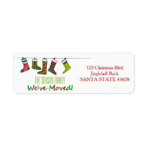 We've Moved Christmas stockings Christmas label