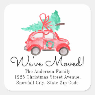 We've Moved Christmas Tree Red Car Address Moving Square Sticker