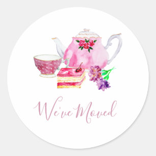We've Moved Cute Watercolor Tea Set Simple Chic Classic Round Sticker