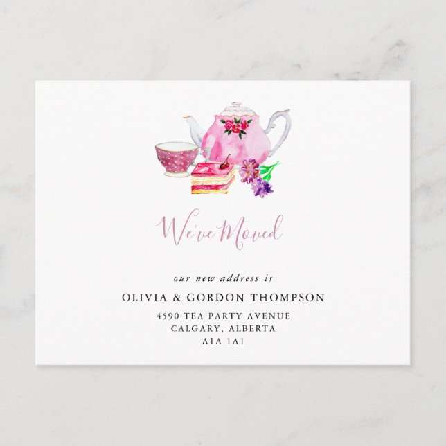We've Moved Cute Watercolor Tea Set Simple Chic Postcard (Front)