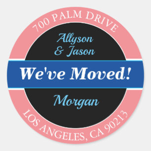 We've Moved, DIY Return Address, Coral Blue B/W Classic Round Sticker
