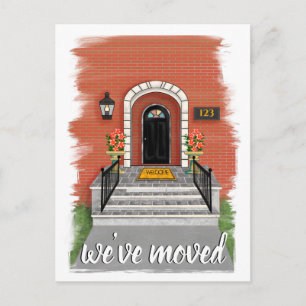 We've moved   Elegant Red Brick House Drawing Announcement Postcard