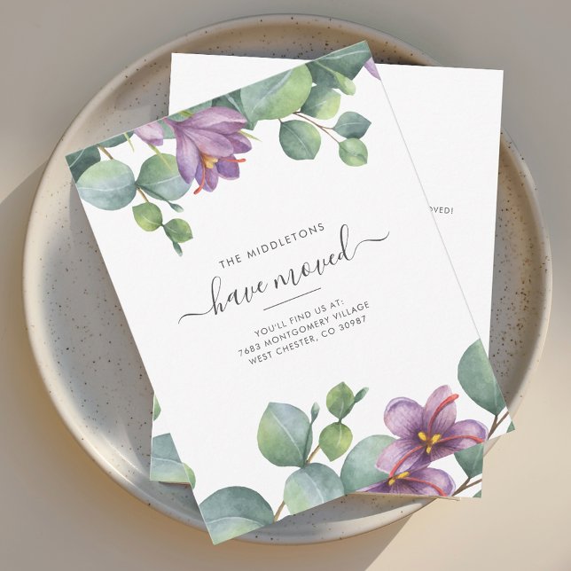 We've Moved Eucalyptus Moving Announcement (We have Moved Watercolor Purple Sage Green Eucalyptus Moving Announcement)