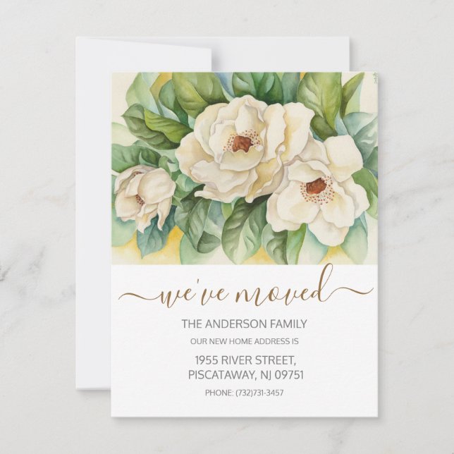 We've Moved Floral Magnolia Gold Script Moving Announcement (Front)
