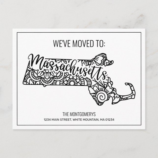 We've Moved Floral Mandala Massachusetts State Announcement Postcard (Front)