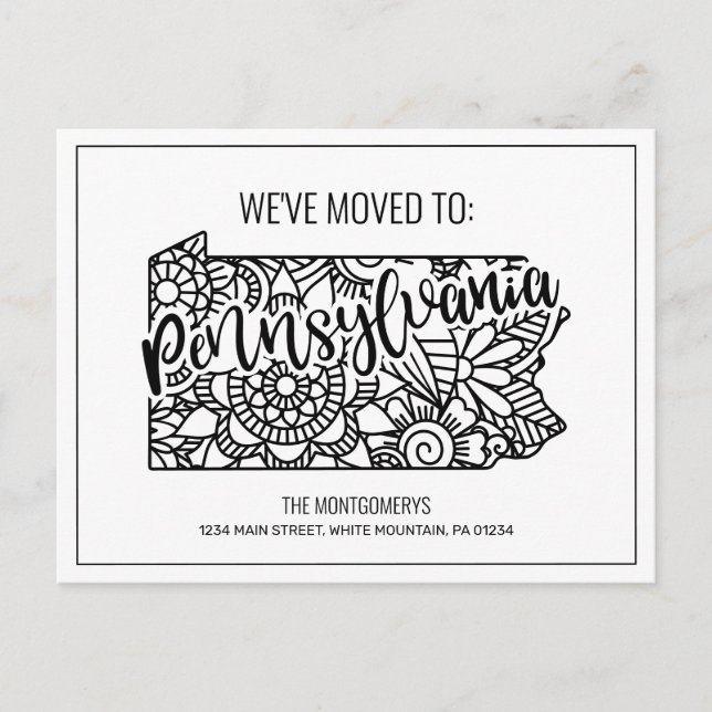 We've Moved Floral Mandala Pennsylvania State Announcement Postcard (Front)