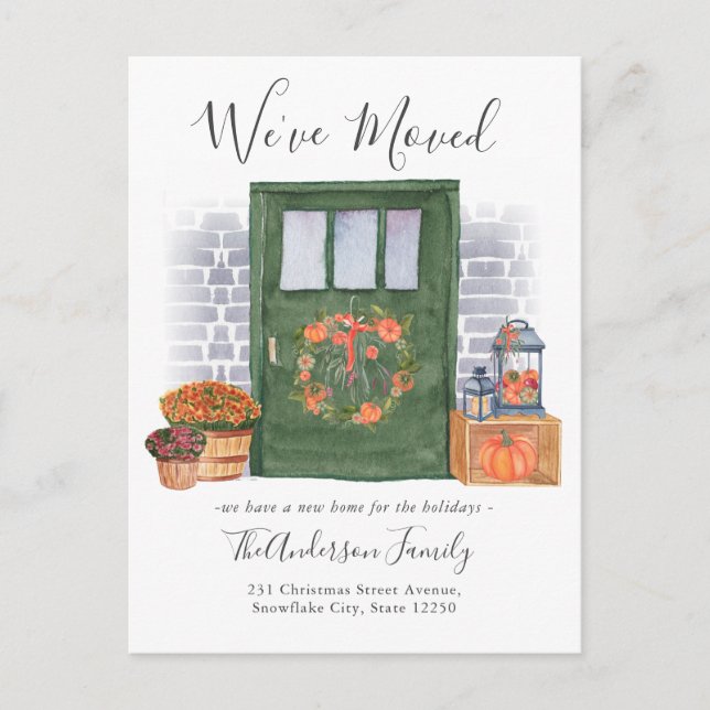We've Moved Front Door Pumpkin Holiday Moving Announcement Postcard (Front)