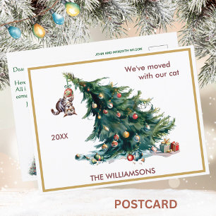 We've Moved Fun Cat and Tree Christmas  Announcement Postcard