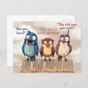 We've Moved Funny Birds on Fence Postcard