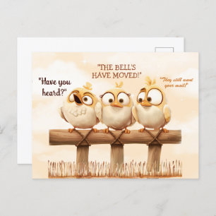 We've Moved Funny Birds on Fence Postcard