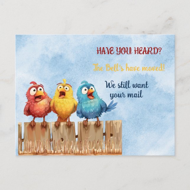 We've Moved Funny Birds on Fence Postcard (Front)