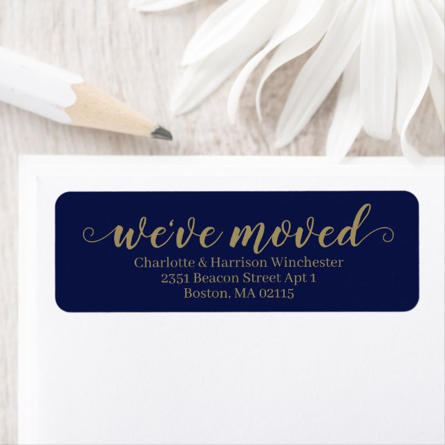 We've Moved gold navy custom calligraphy moving (Insitu)