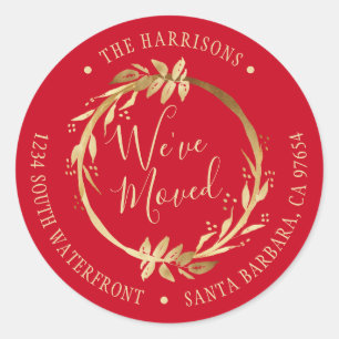 We've Moved Gold Wreath Red New Address Classic Round Sticker